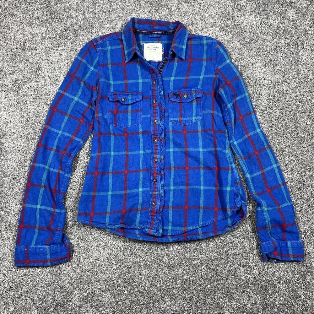 Abercrombie & Fitch Moose Plaid Button Up Shirt Womens Sz S Blue Southwestern
